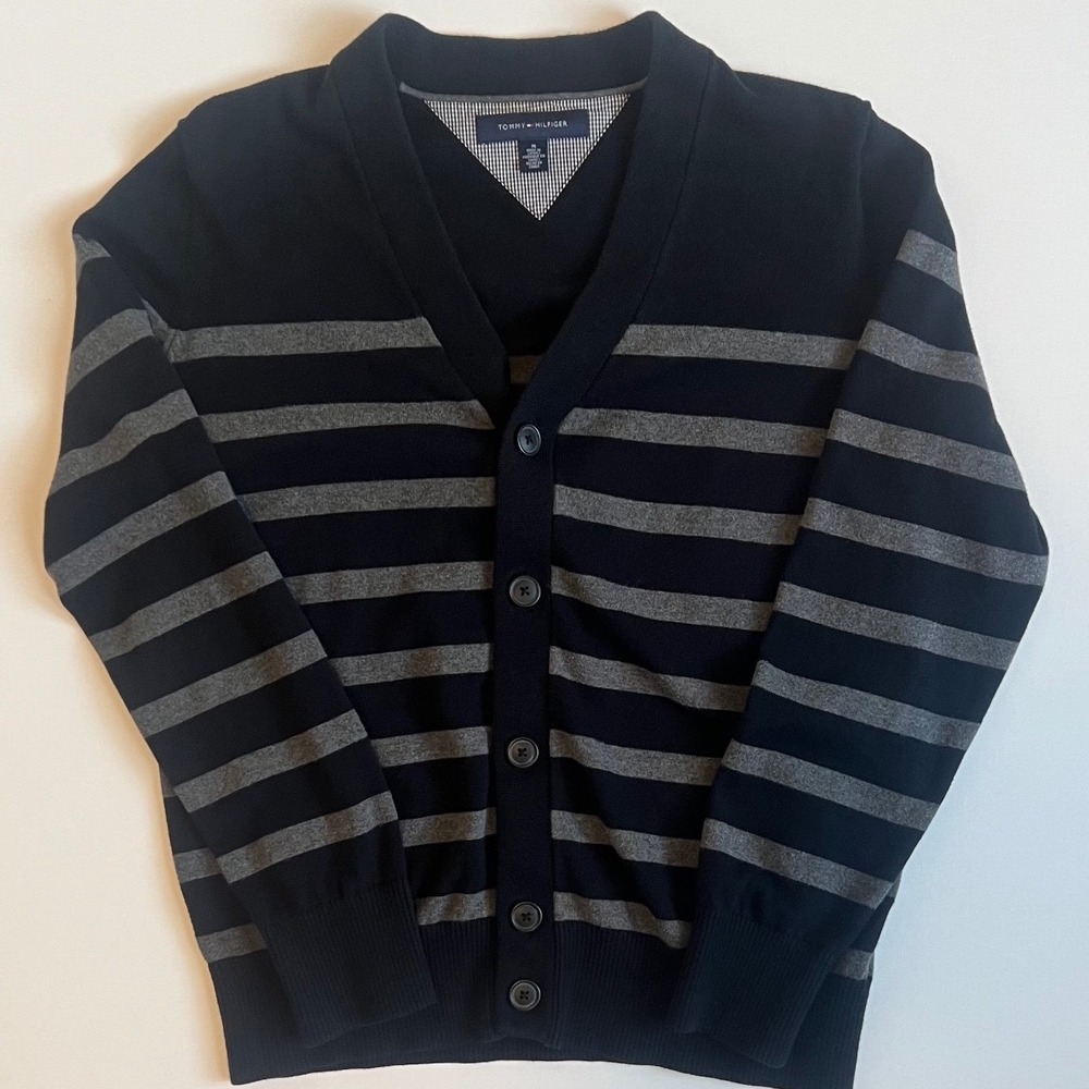 Tommy Hilfiger Mens Navy Blue Gray Striped V-Neck Cardigan Sweater Size Medium